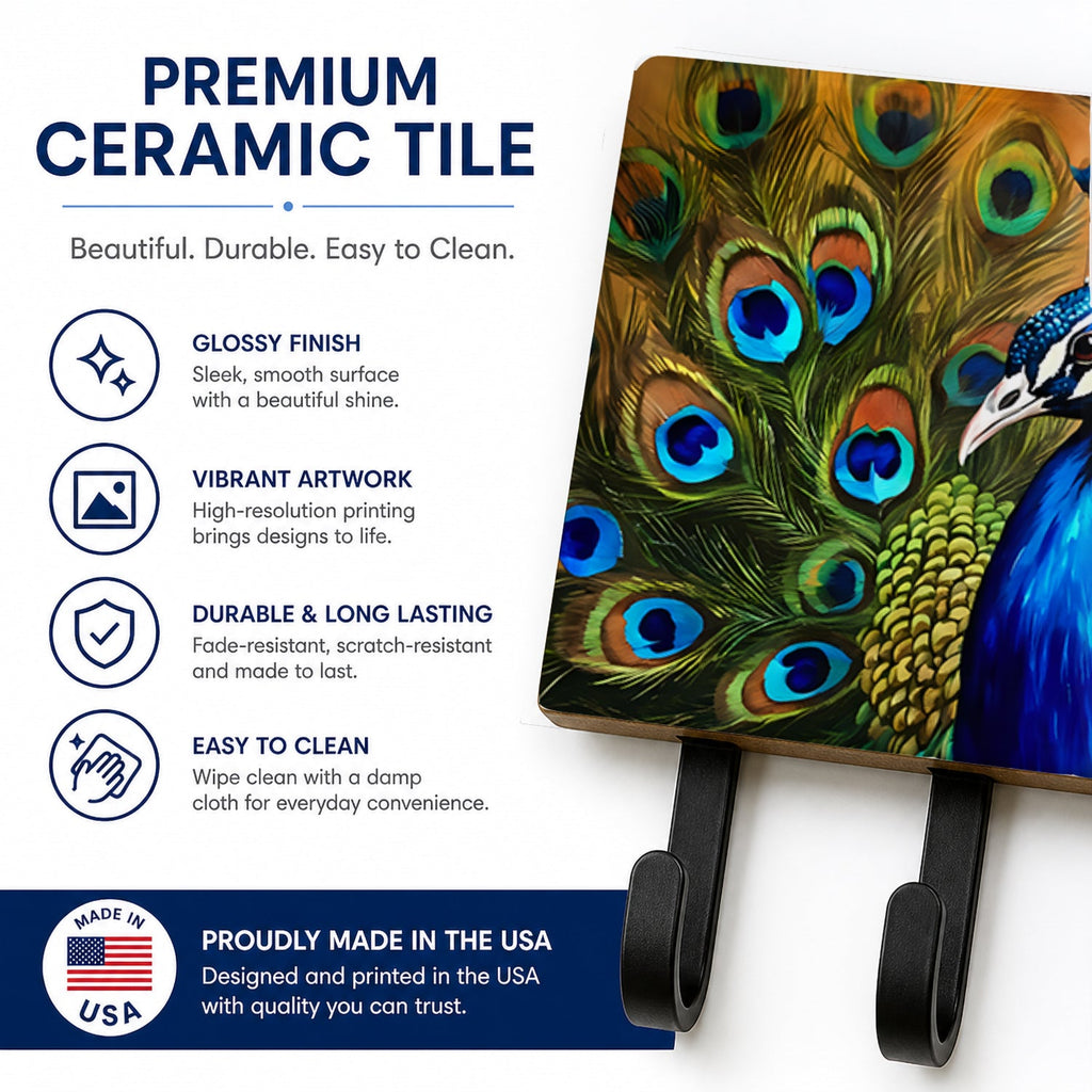 Peacock Face and Feather Detail Leash or Key Holder Wall Hooks, Coat Rack Wall Mount, for Hanging Keys, Towels, Aprons, Leashes