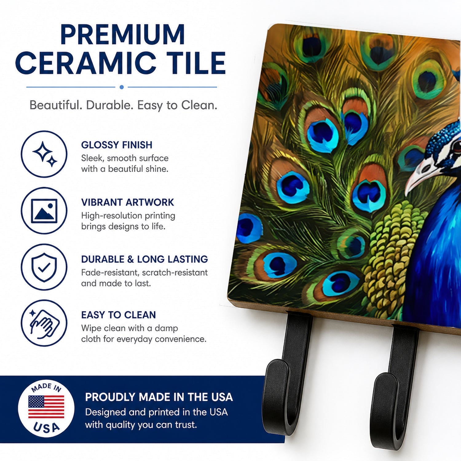 Peacock Face and Feather Detail Leash or Key Holder Wall Hooks, Coat Rack Wall Mount, for Hanging Keys, Towels, Aprons, Leashes