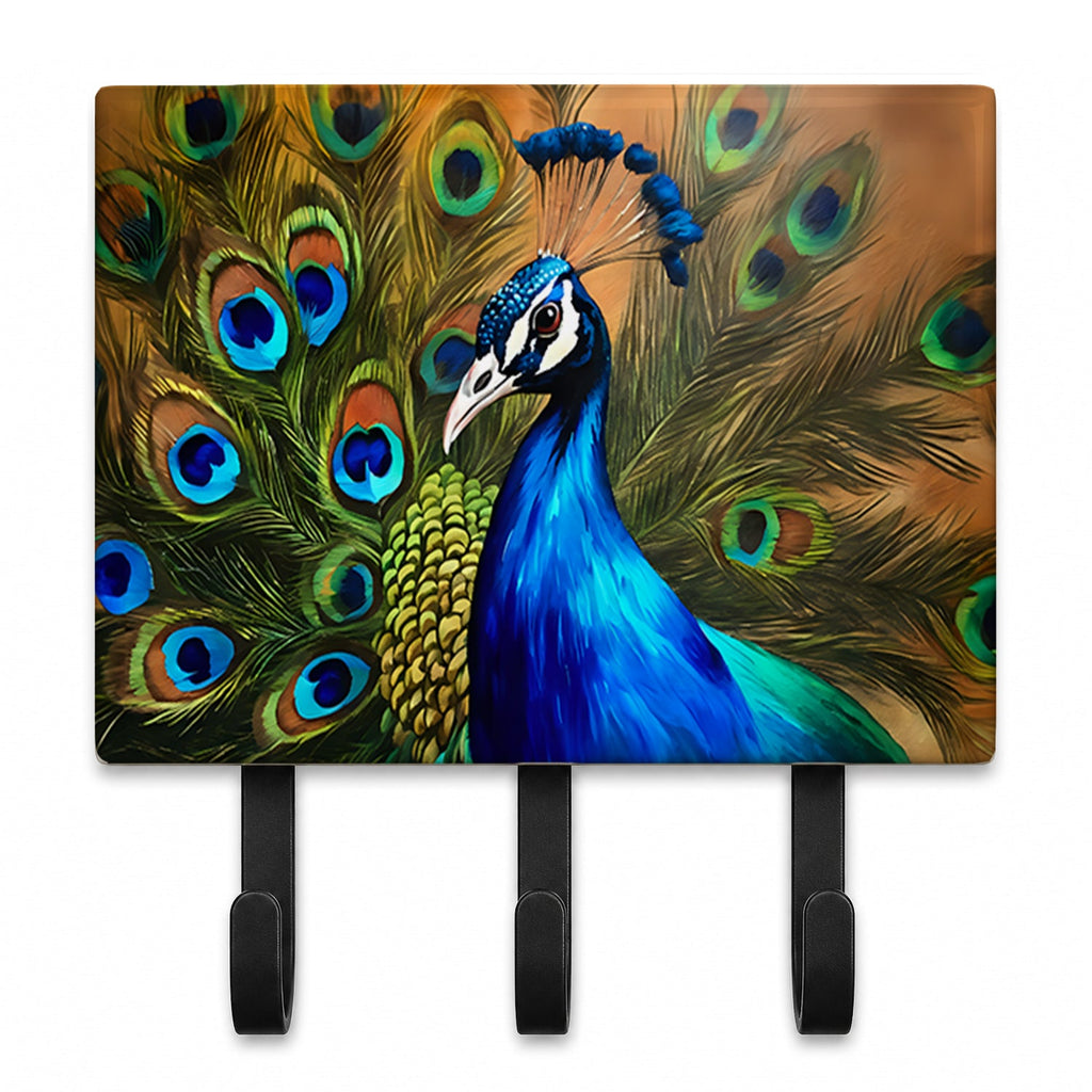Peacock Face and Feather Detail Leash or Key Holder Wall Hooks, Coat Rack Wall Mount, for Hanging Keys, Towels, Aprons, Leashes