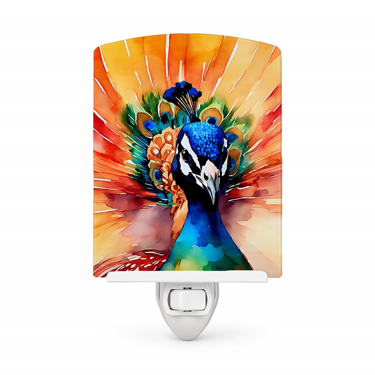 Peacock Front View Dramatic Color Ceramic Night Light Compact, UL-Certified, Ideal for Bedroom, Bathroom, Nursery, Hallway, Kitchen, 6x4x3, Multicolor