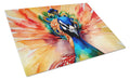 Peacock Front View Dramatic Color Cutting Board Tempered Glass Kitchen Cutting Surface, Heat Resistant Chopping, Non-Slip Feet, Food Prep & Serving