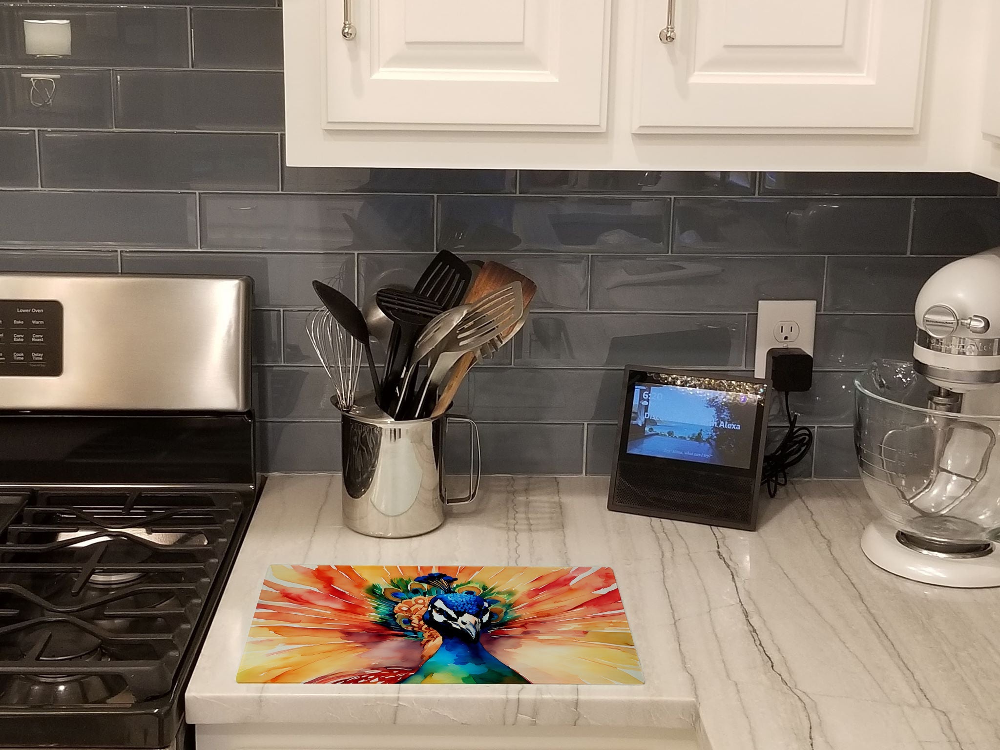 Peacock Front View Dramatic Color Cutting Board Tempered Glass Kitchen Cutting Surface, Heat Resistant Chopping, Non-Slip Feet, Food Prep & Serving