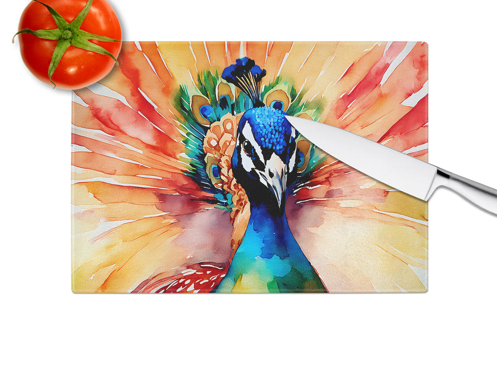 Peacock Front View Dramatic Color Cutting Board Tempered Glass Kitchen Cutting Surface, Heat Resistant Chopping, Non-Slip Feet, Food Prep & Serving