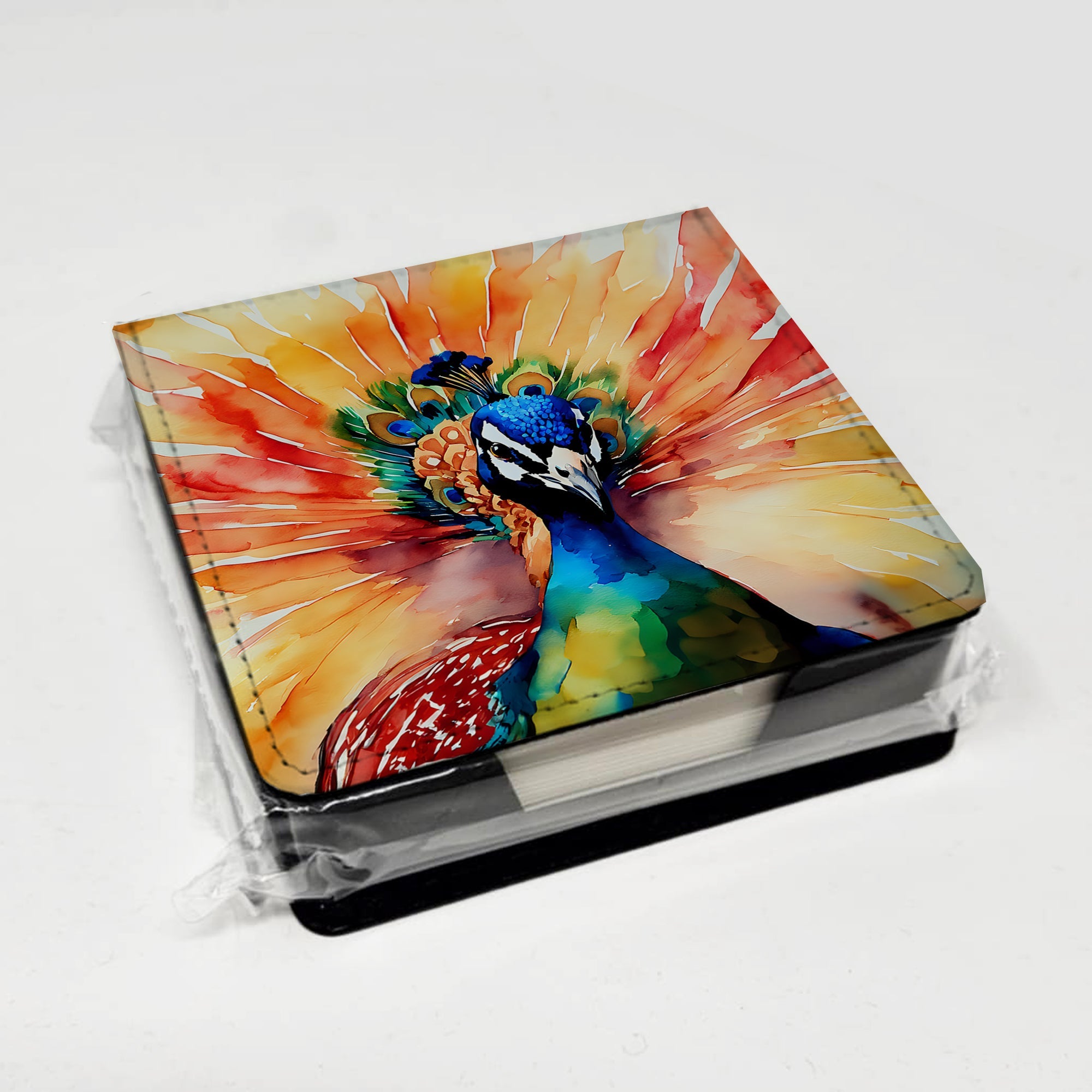 Peacock Front View Dramatic Color PU Leather Note Paper Holder with Artist-Designed Cover, Desk Accessory, Office Gift