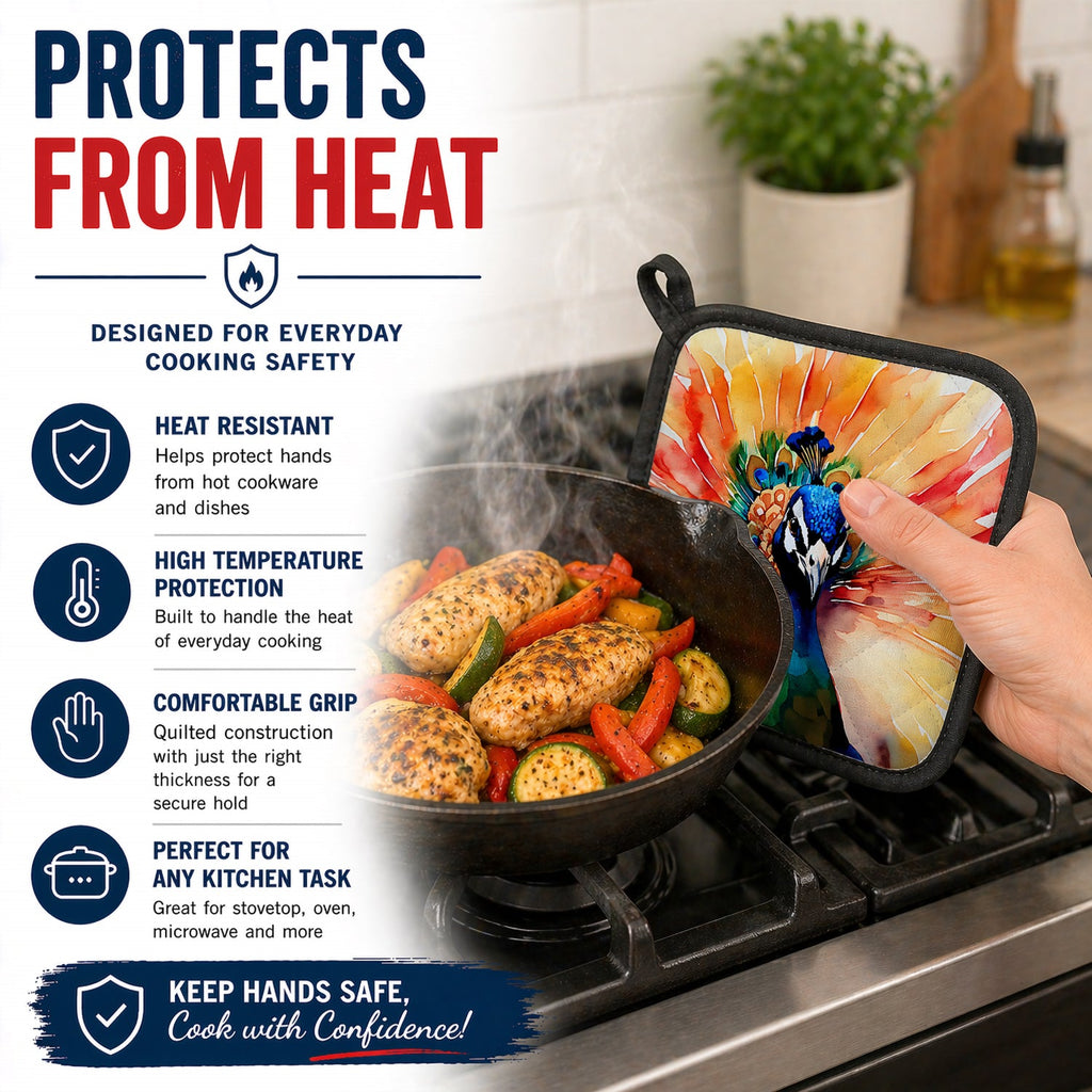 Peacock Front View Dramatic Color Pot Holder Set of 2 Heat Resistant Quilted Hot Pads 7.5 x 7.5 Inch, Insulated Kitchen Trivets for Cooking & Baking