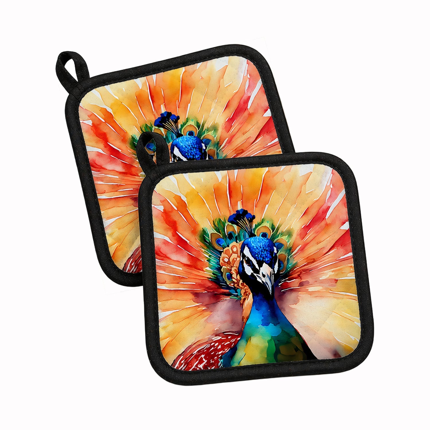 Peacock Front View Dramatic Color Pot Holder Set of 2 Heat Resistant Quilted Hot Pads 7.5 x 7.5 Inch, Insulated Kitchen Trivets for Cooking & Baking