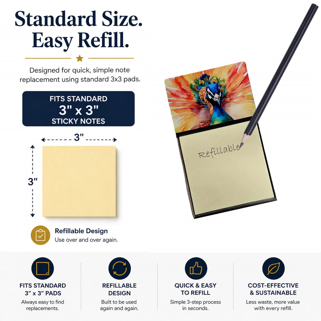 Peacock Front View Dramatic Color Watercolor Sticky Note Holder Refillable Dispenser Desk Accessory 3x3 Pad Gift