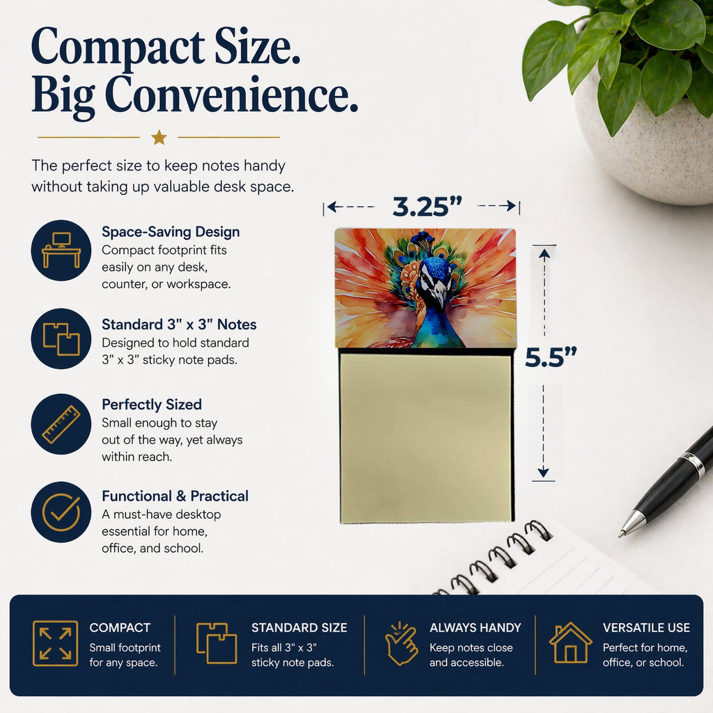 Peacock Front View Dramatic Color Watercolor Sticky Note Holder Refillable Dispenser Desk Accessory 3x3 Pad Gift