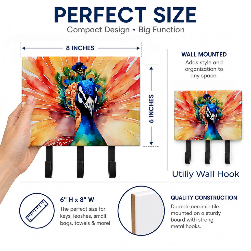 Peacock Front View Dramatic Color Leash or Key Holder Wall Hooks, Coat Rack Wall Mount, for Hanging Keys, Towels, Aprons, Leashes