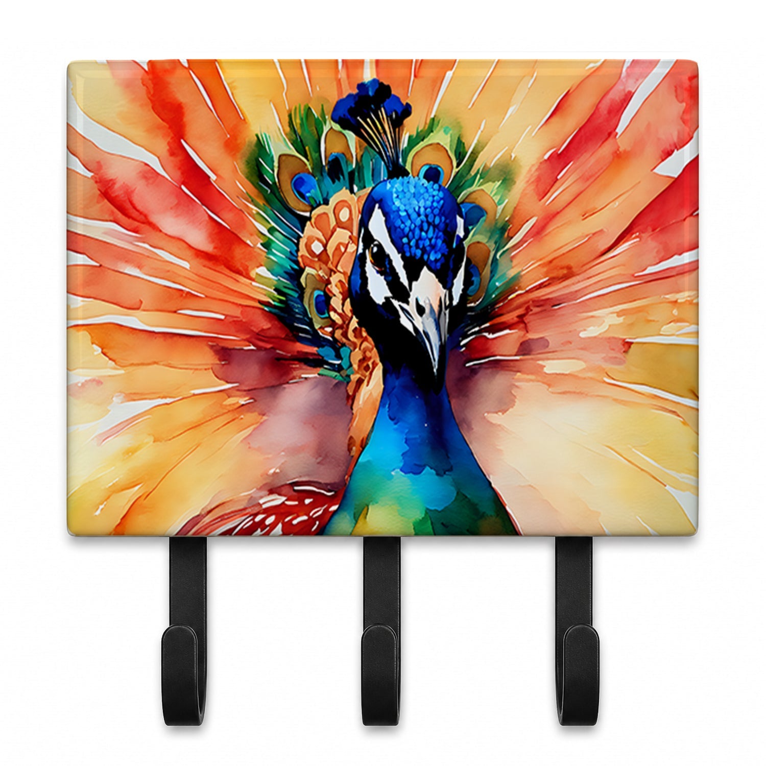 Peacock Front View Dramatic Color Leash or Key Holder Wall Hooks, Coat Rack Wall Mount, for Hanging Keys, Towels, Aprons, Leashes