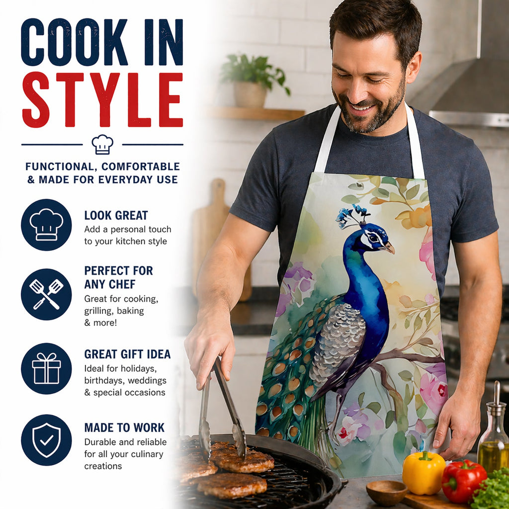 Peacock with Floral Background Apron Cooking Kitchen Server Baking Crafts Gardening for Adult Women Men, Unisex, Large, Multicolor