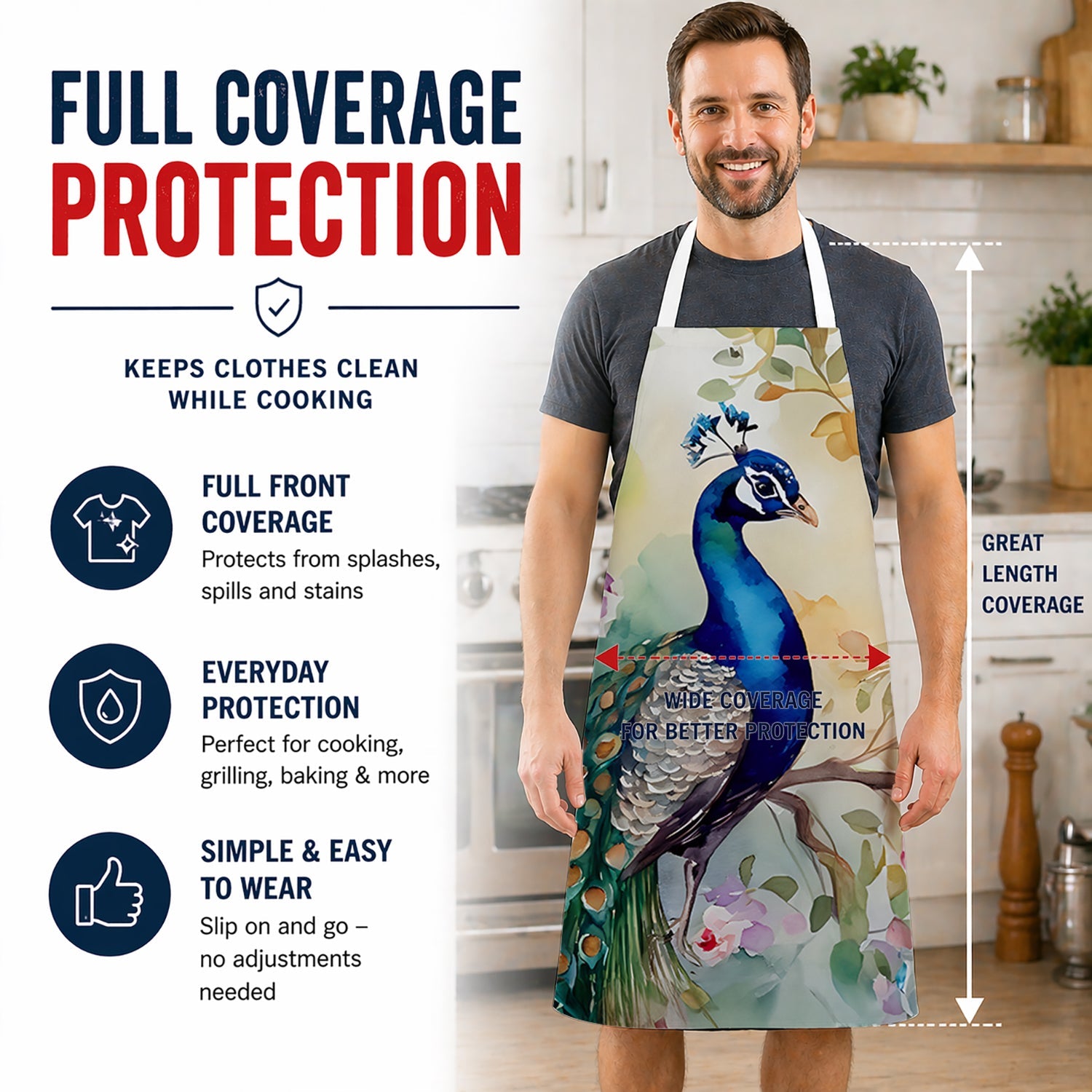 Peacock with Floral Background Apron Cooking Kitchen Server Baking Crafts Gardening for Adult Women Men, Unisex, Large, Multicolor