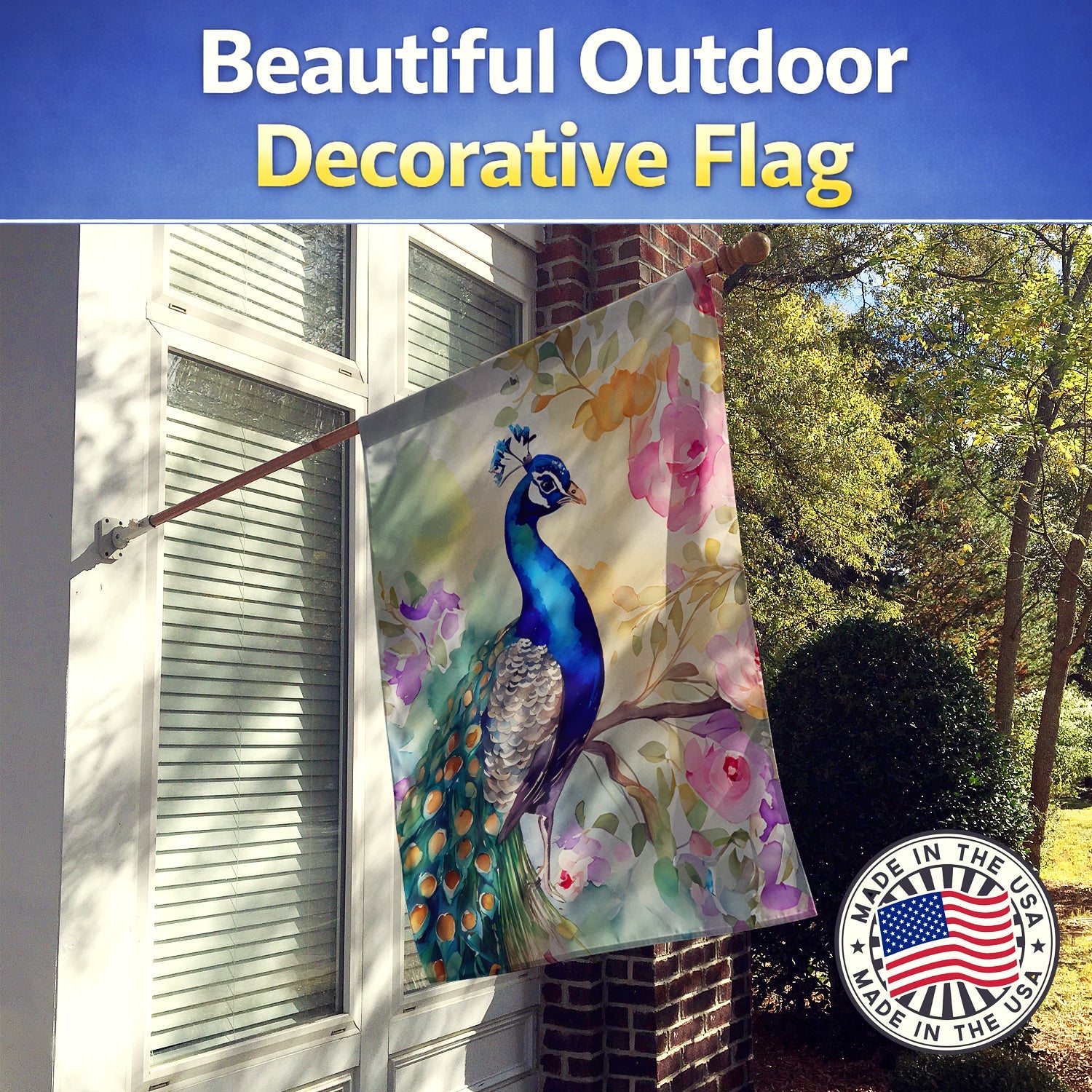 Peacock with Floral Background House Flag 28x40 Porch Sleeve Pole Decorative Outside Yard Banner Artwork Wall Hanging, Polyester