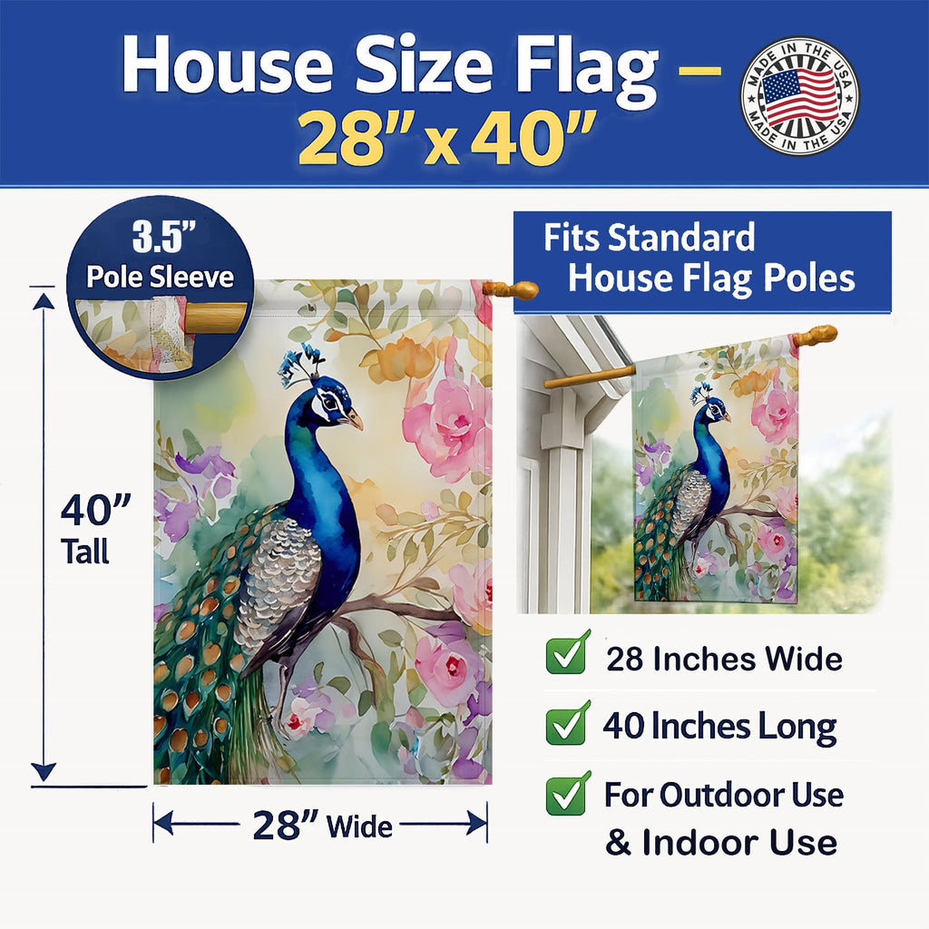 Peacock with Floral Background House Flag 28x40 Porch Sleeve Pole Decorative Outside Yard Banner Artwork Wall Hanging, Polyester