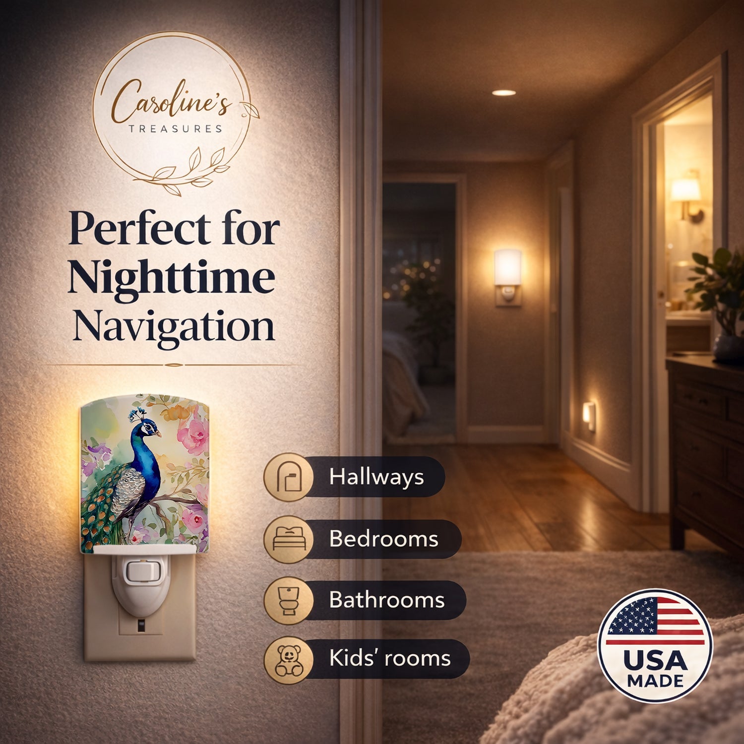 Peacock with Floral Background Ceramic Night Light Compact, UL-Certified, Ideal for Bedroom, Bathroom, Nursery, Hallway, Kitchen, 6x4x3, Multicolor