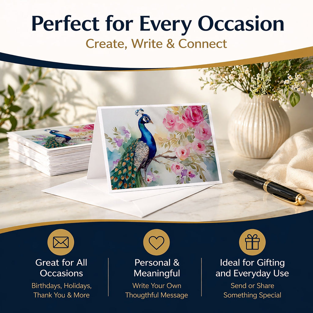 Peacock with Floral Background Greeting Cards Pack of 8 Blank Cards with Envelopes Whimsical A7 Size 5x7