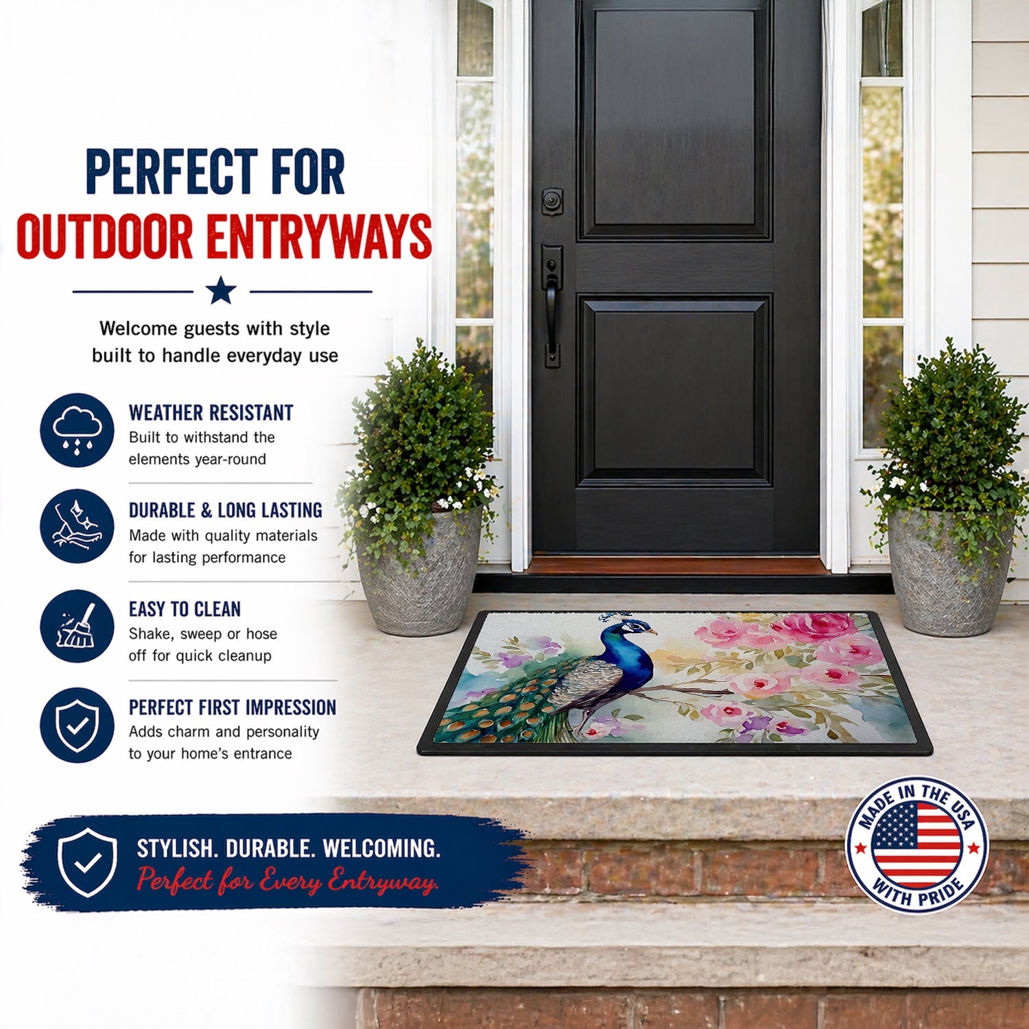 Peacock with Floral Background Doormat Indoor Outdoor 24H X 36W Front Door Mat Rugs for Entryway, Non Slip Washable Low Pile,