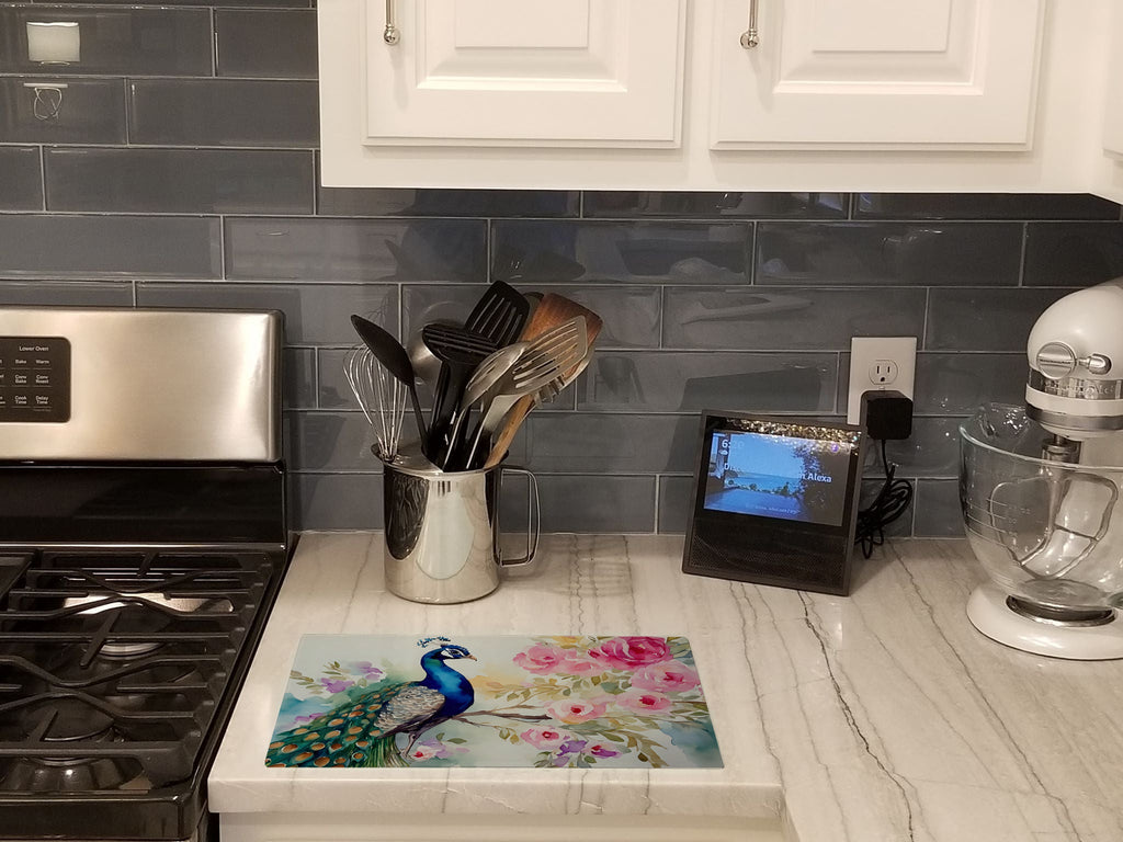 Peacock with Floral Background Cutting Board Tempered Glass Kitchen Cutting Surface, Heat Resistant Chopping, Non-Slip Feet, Food Prep & Serving