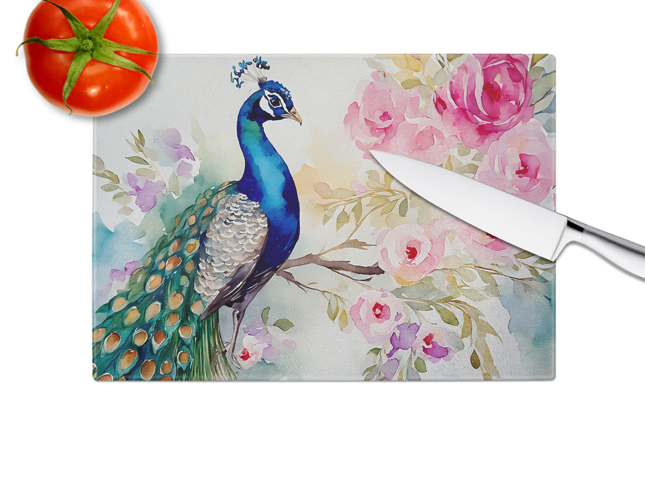 Peacock with Floral Background Cutting Board Tempered Glass Kitchen Cutting Surface, Heat Resistant Chopping, Non-Slip Feet, Food Prep & Serving