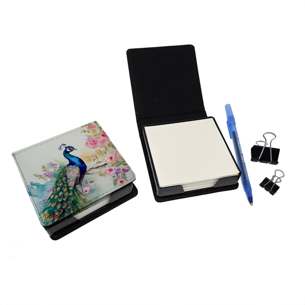 Peacock with Floral Background PU Leather Note Paper Holder with Artist-Designed Cover, Desk Accessory, Office Gift