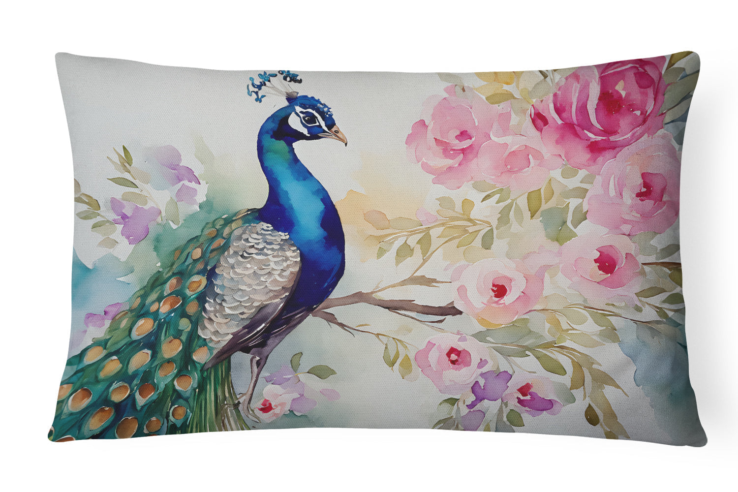 Peacock with Floral Background Decorative Throw Pillow 12x16 Indoor Outdoor Accent Cushion, Fabric Cover with Insert for Sofa, Bed, Porch & Living Room