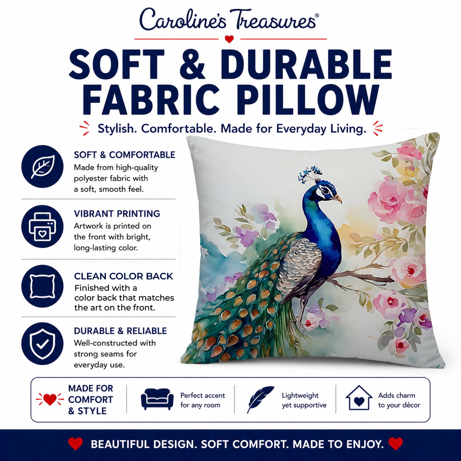 Peacock with Floral Background Decorative Throw Pillow 14x14 Indoor Outdoor Accent Cushion, Fabric Cover with Insert for Sofa, Bed, Porch & Living Room