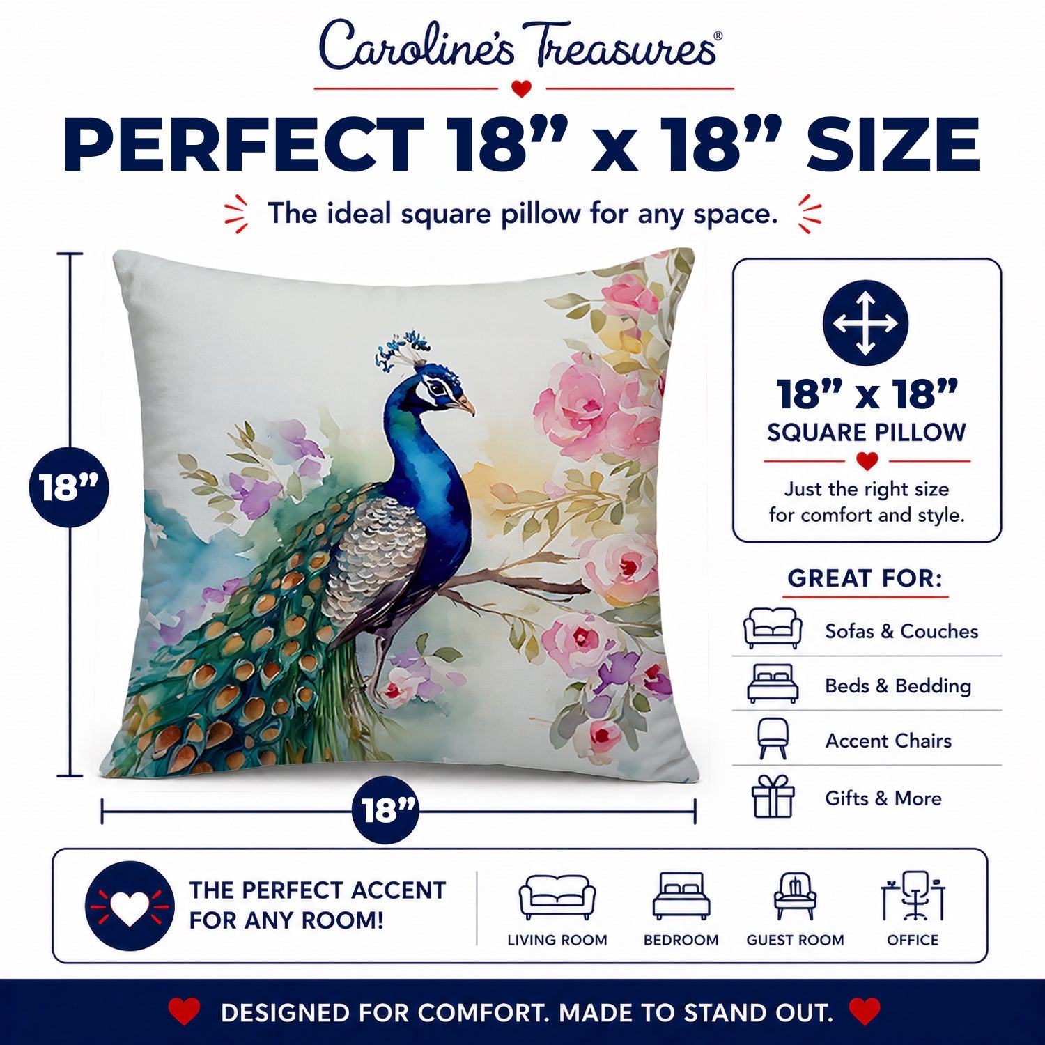 Peacock with Floral Background Decorative Throw Pillow 18x18 Indoor Outdoor Accent Cushion, Fabric Cover with Insert for Sofa, Bed, Porch & Living Room
