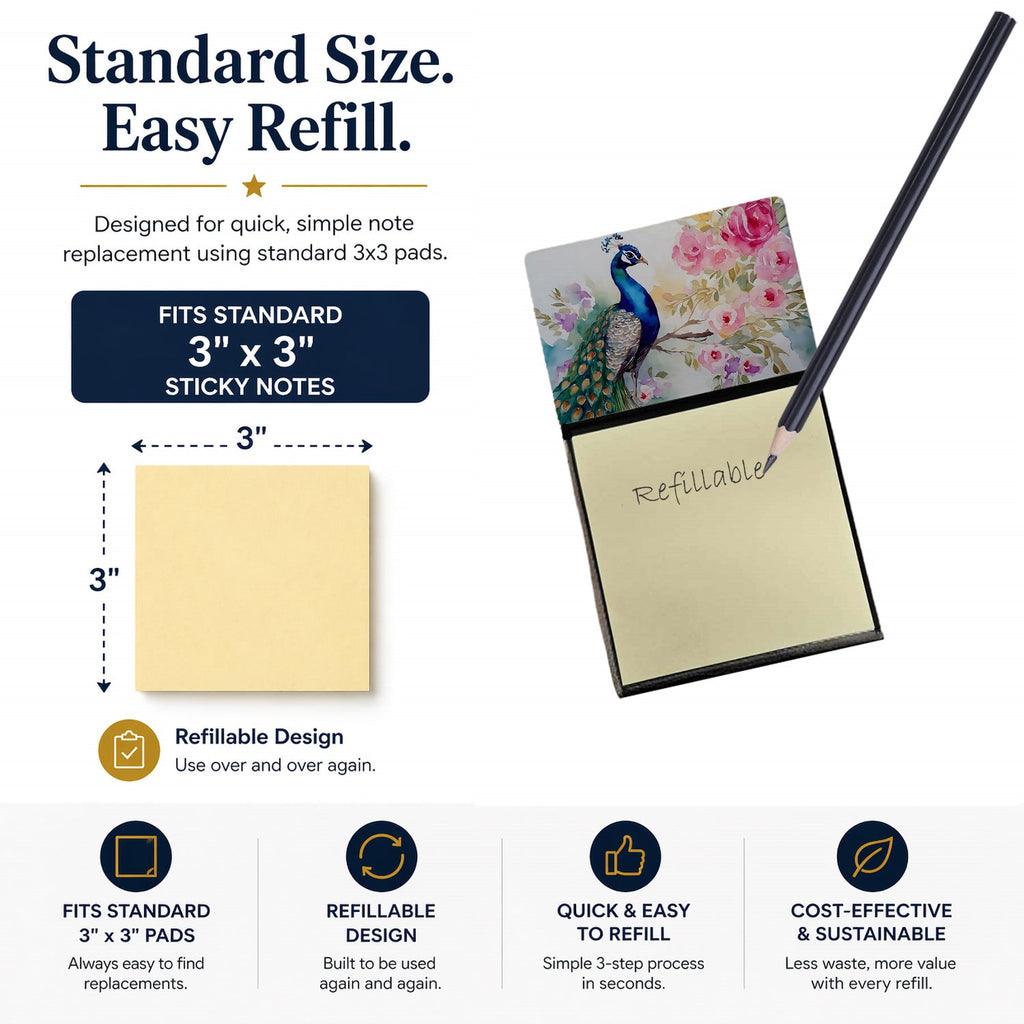 Peacock with Floral Background Watercolor Sticky Note Holder Refillable Dispenser Desk Accessory 3x3 Pad Gift
