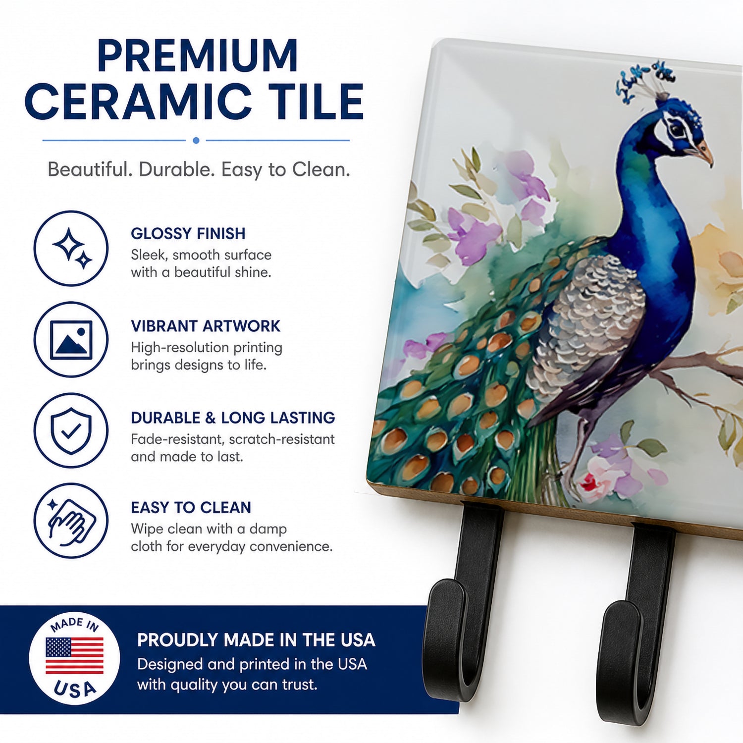 Peacock with Floral Background Leash or Key Holder Wall Hooks, Coat Rack Wall Mount, for Hanging Keys, Towels, Aprons, Leashes