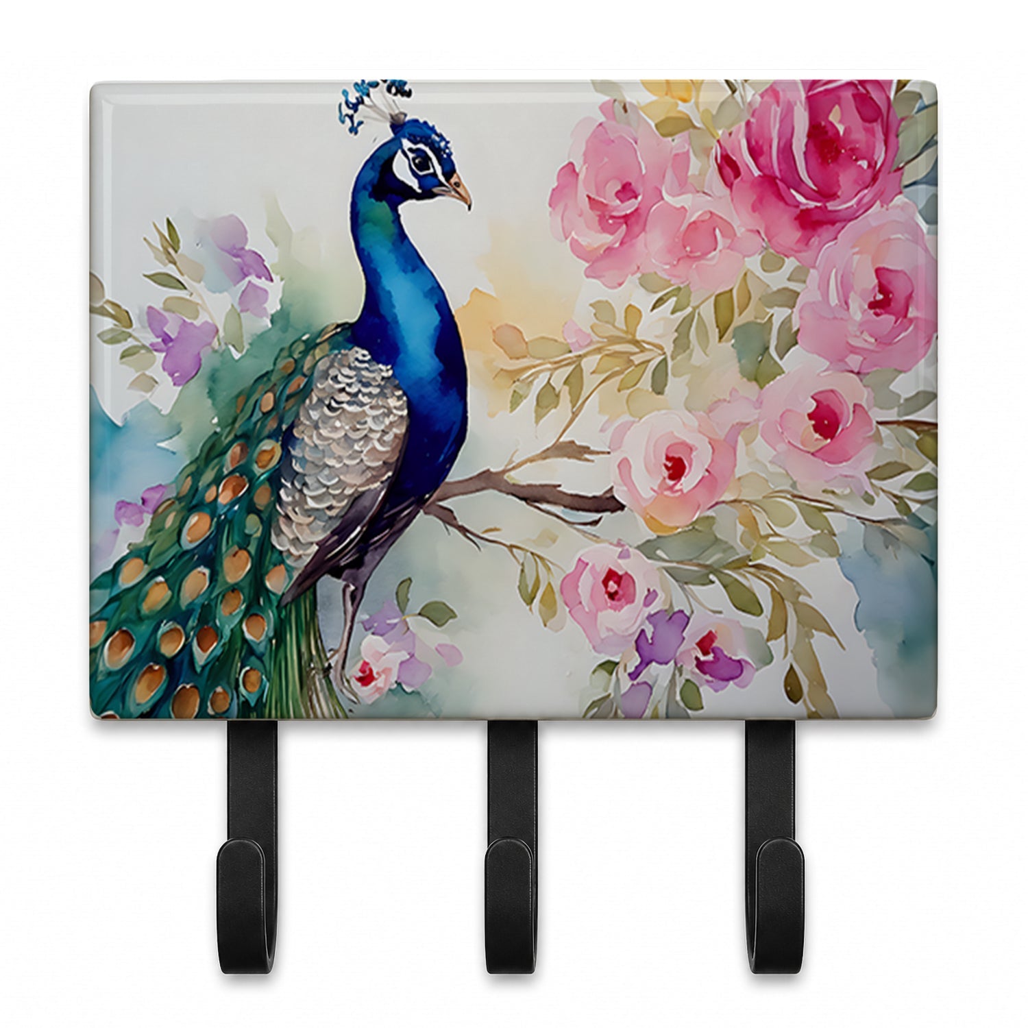 Peacock with Floral Background Leash or Key Holder Wall Hooks, Coat Rack Wall Mount, for Hanging Keys, Towels, Aprons, Leashes