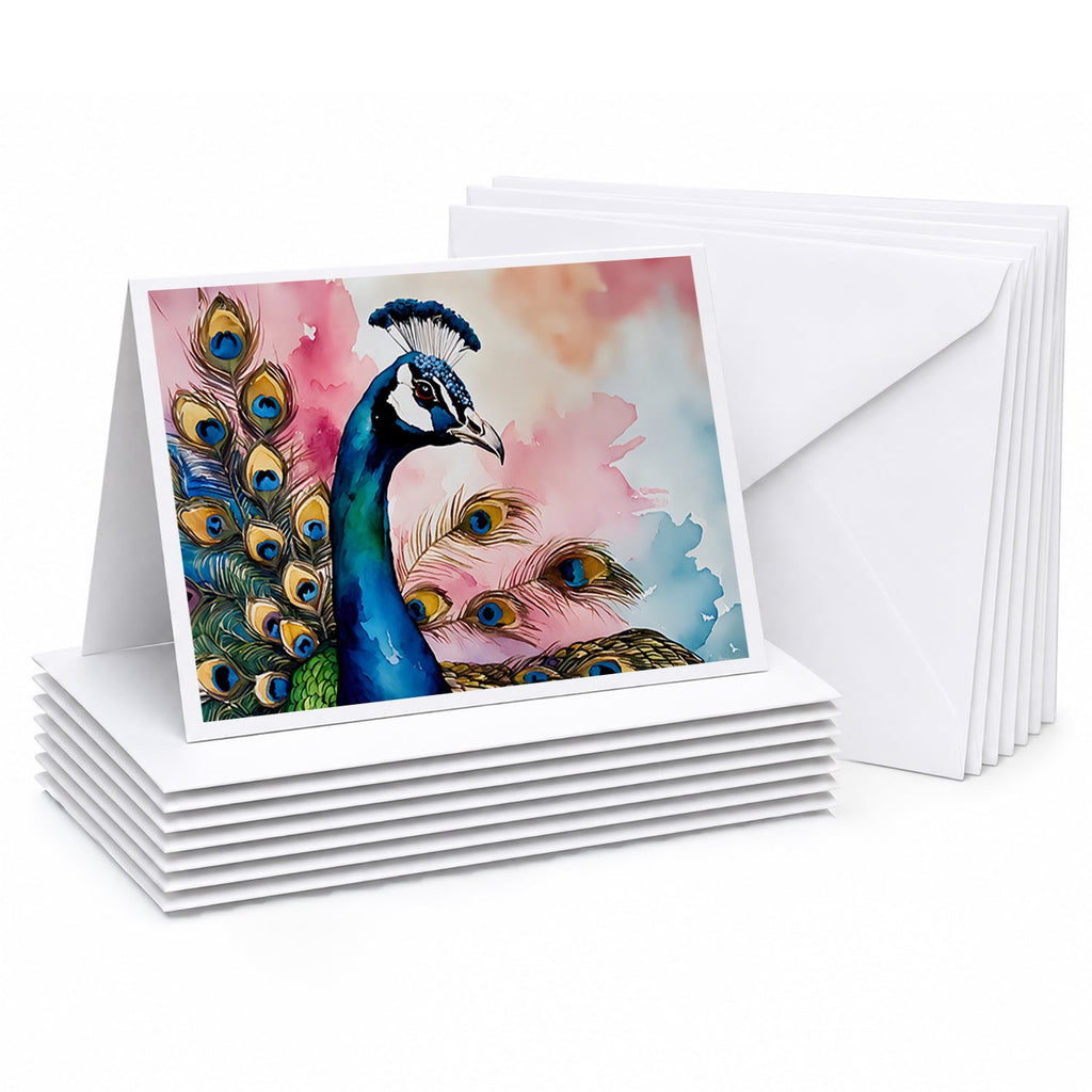 Peacock with Decorative Feathers Greeting Cards Pack of 8 Blank Cards with Envelopes Whimsical A7 Size 5x7