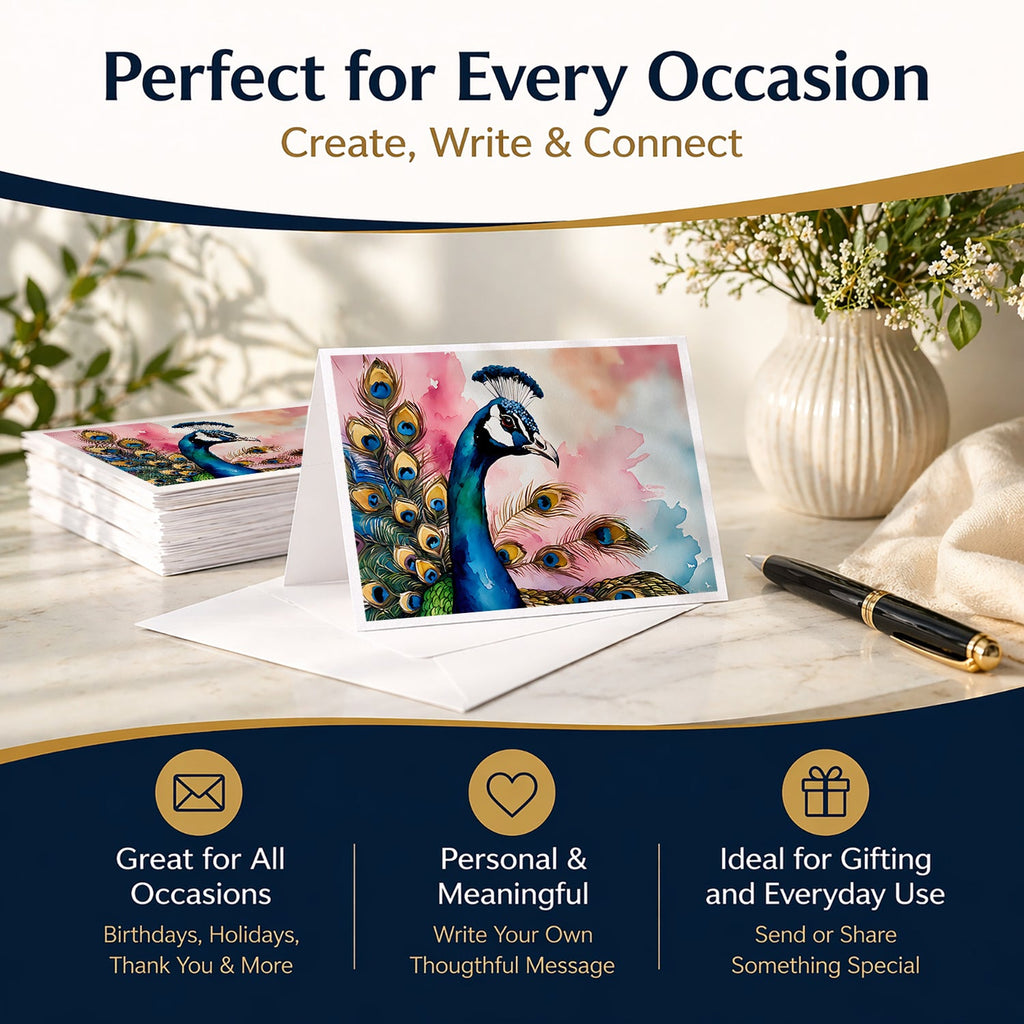 Peacock with Decorative Feathers Greeting Cards Pack of 8 Blank Cards with Envelopes Whimsical A7 Size 5x7