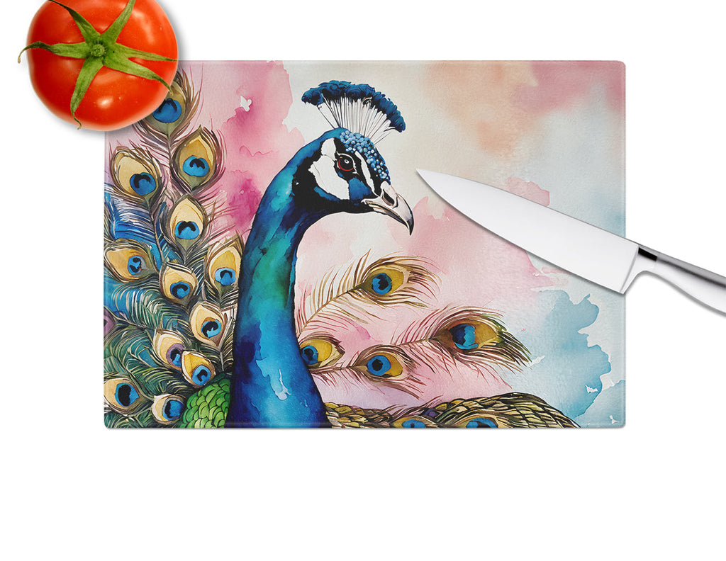 Peacock with Decorative Feathers Cutting Board Tempered Glass Kitchen Cutting Surface, Heat Resistant Chopping, Non-Slip Feet, Food Prep & Serving