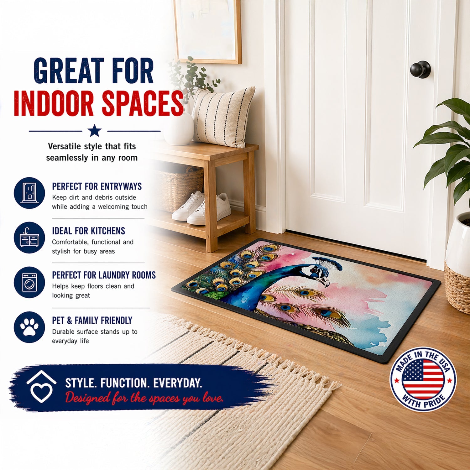 Peacock with Decorative Feathers Doormat Indoor Outdoor 18H X 27W Front Door Mat Rugs for Entryway, Non Slip Washable