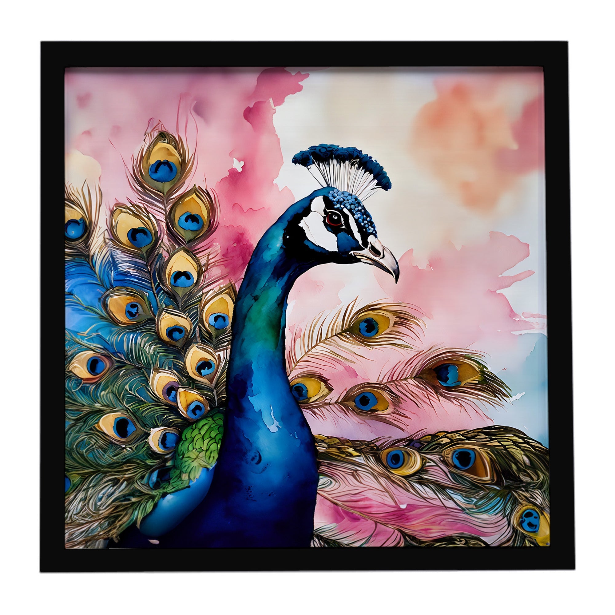 Peacock with Decorative Feathers Framed Metal Print Bathroom, Kitchen, Office, Home Decor Wall Art Ready to Hang, Square, 8X8