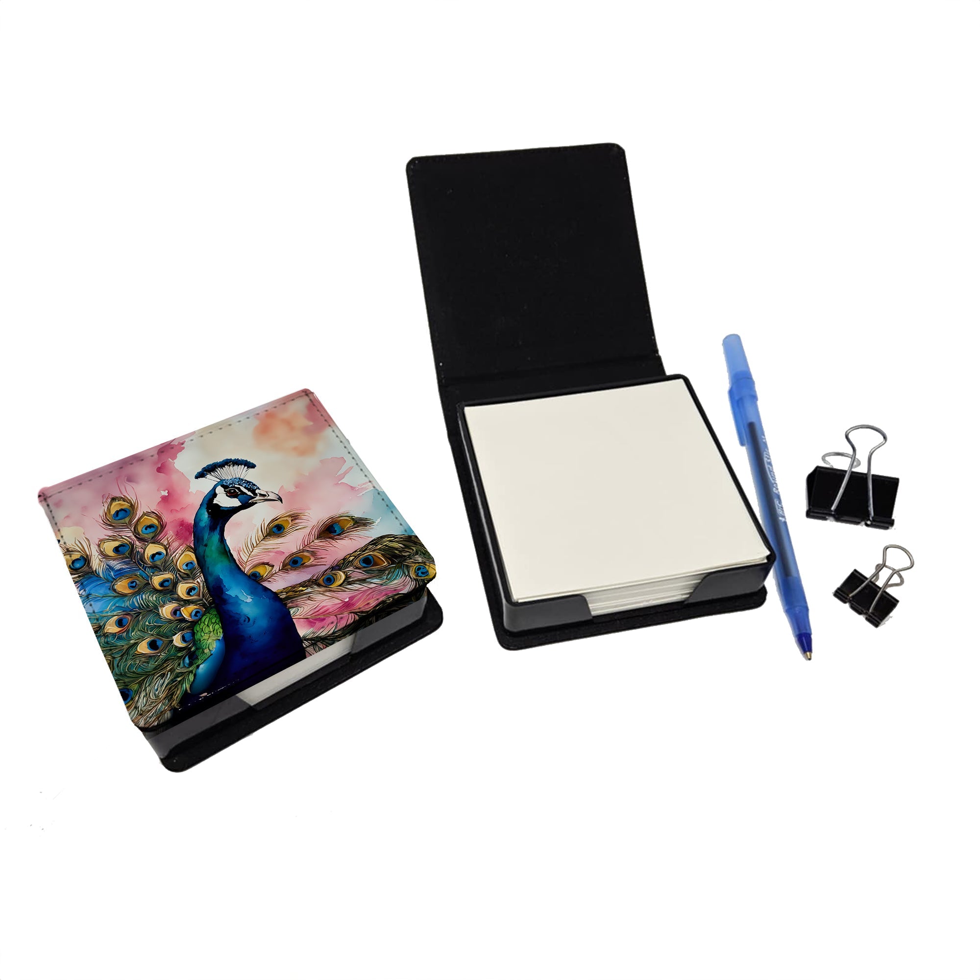 Peacock with Decorative Feathers PU Leather Note Paper Holder with Artist-Designed Cover, Desk Accessory, Office Gift