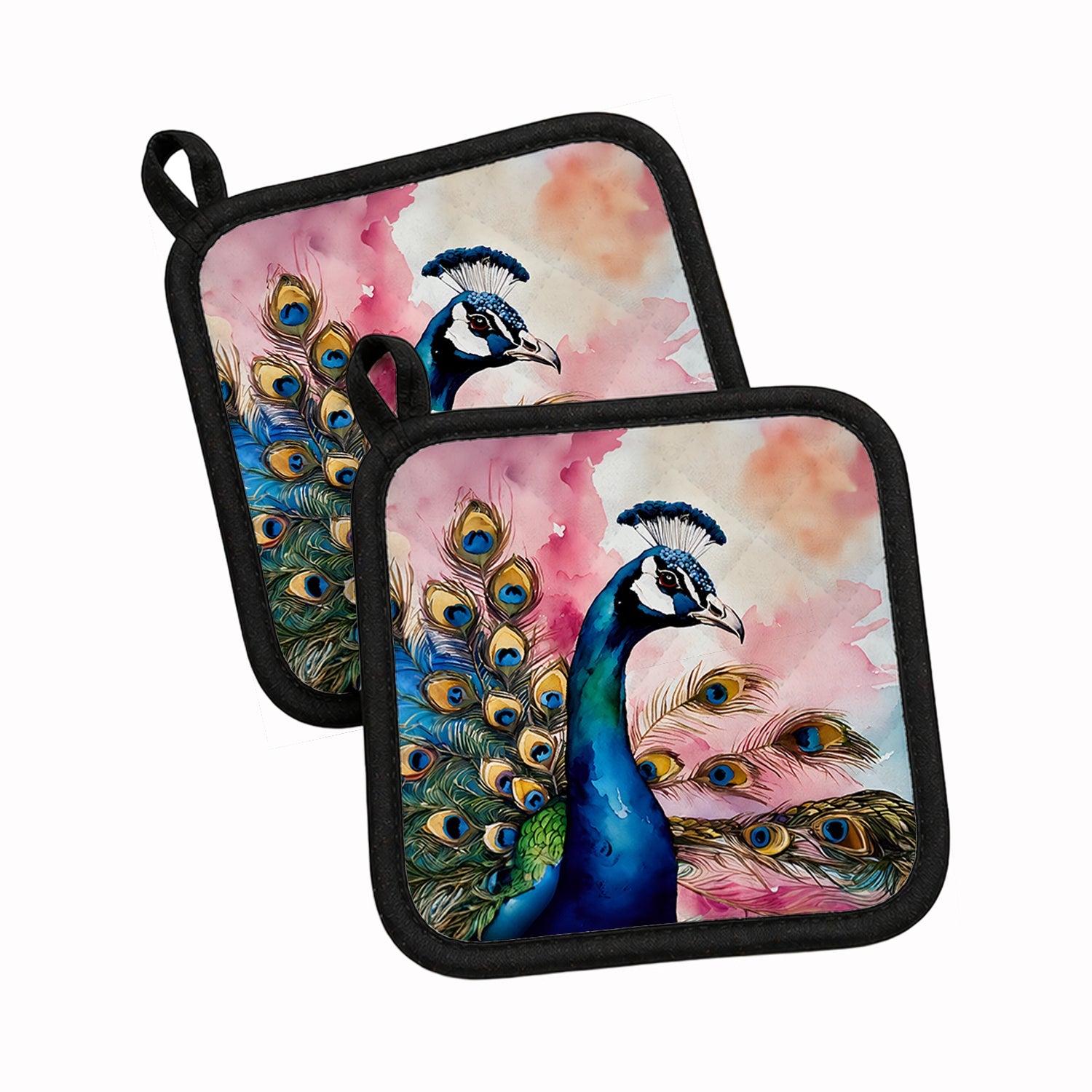 Peacock with Decorative Feathers Pot Holder Set of 2 Heat Resistant Quilted Hot Pads 7.5 x 7.5 Inch, Insulated Kitchen Trivets for Cooking & Baking