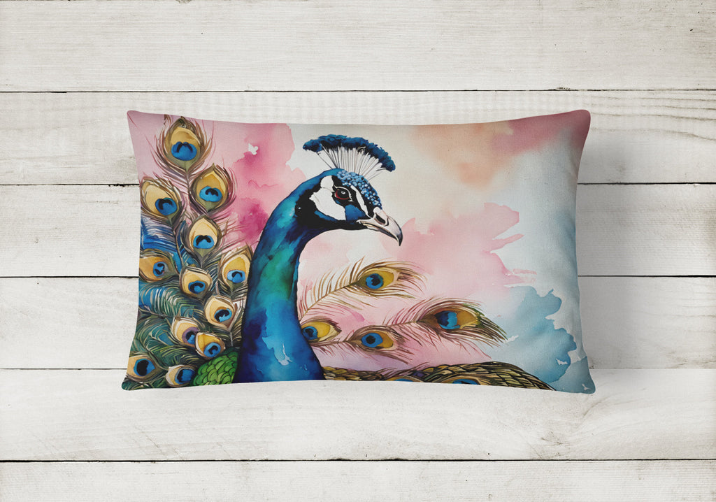 Peacock with Decorative Feathers Decorative Throw Pillow 12x16 Indoor Outdoor Accent Cushion, Fabric Cover with Insert for Sofa, Bed, Porch & Living Room