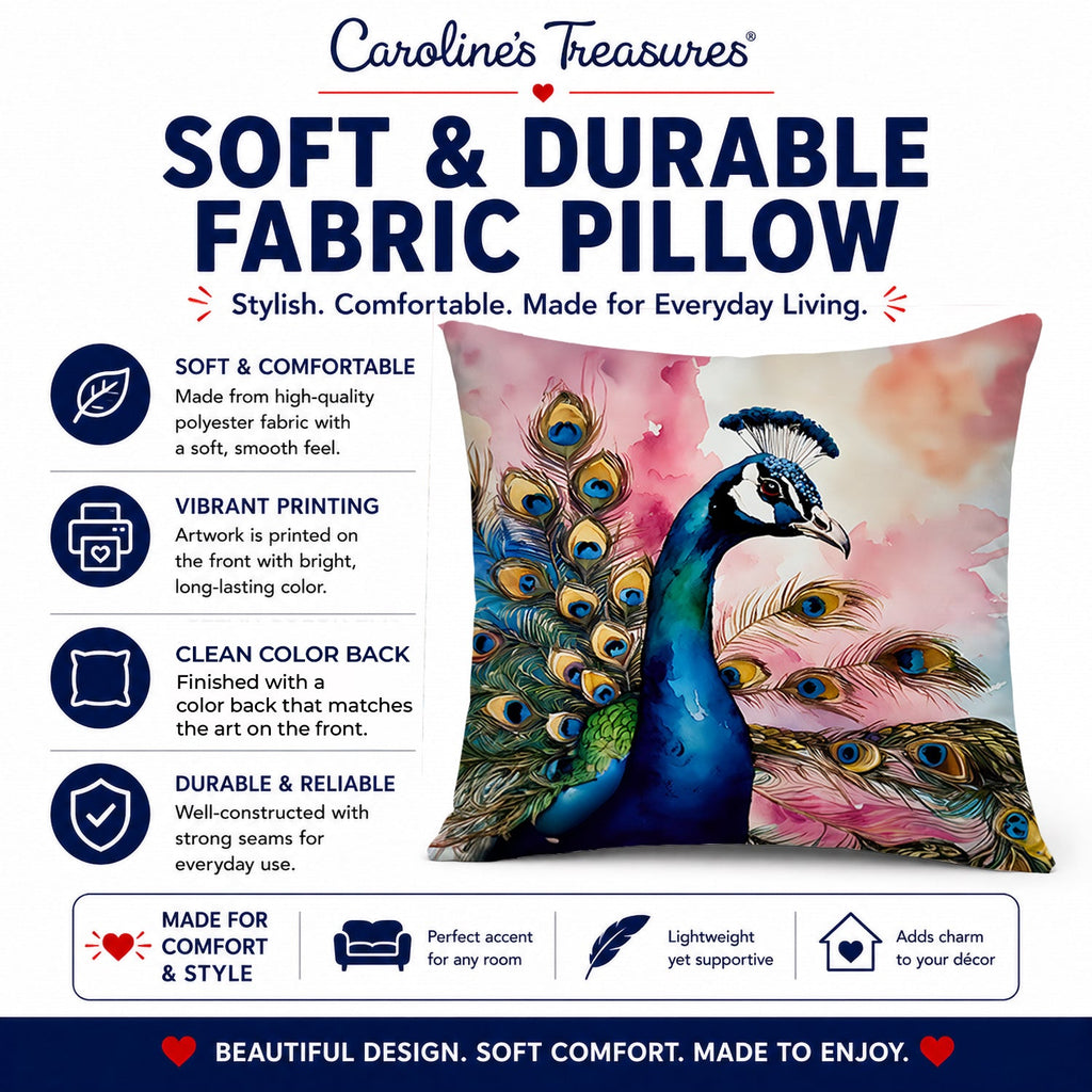 Peacock with Decorative Feathers Decorative Throw Pillow 14x14 Indoor Outdoor Accent Cushion, Fabric Cover with Insert for Sofa, Bed, Porch & Living Room