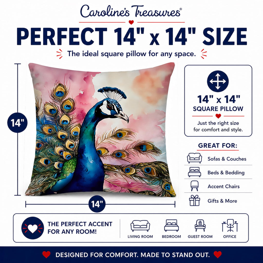 Peacock with Decorative Feathers Decorative Throw Pillow 14x14 Indoor Outdoor Accent Cushion, Fabric Cover with Insert for Sofa, Bed, Porch & Living Room