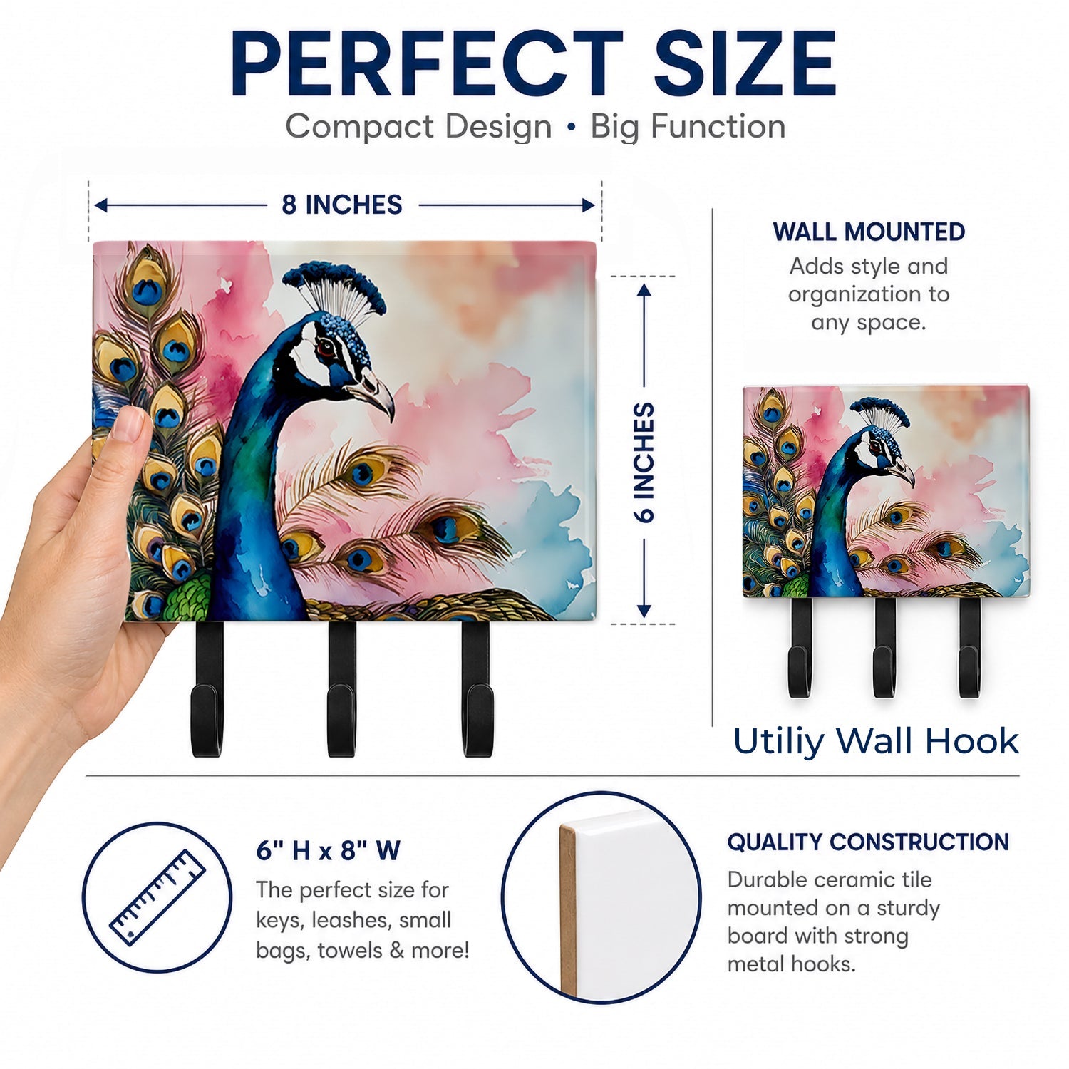 Peacock with Decorative Feathers Leash or Key Holder Wall Hooks, Coat Rack Wall Mount, for Hanging Keys, Towels, Aprons, Leashes