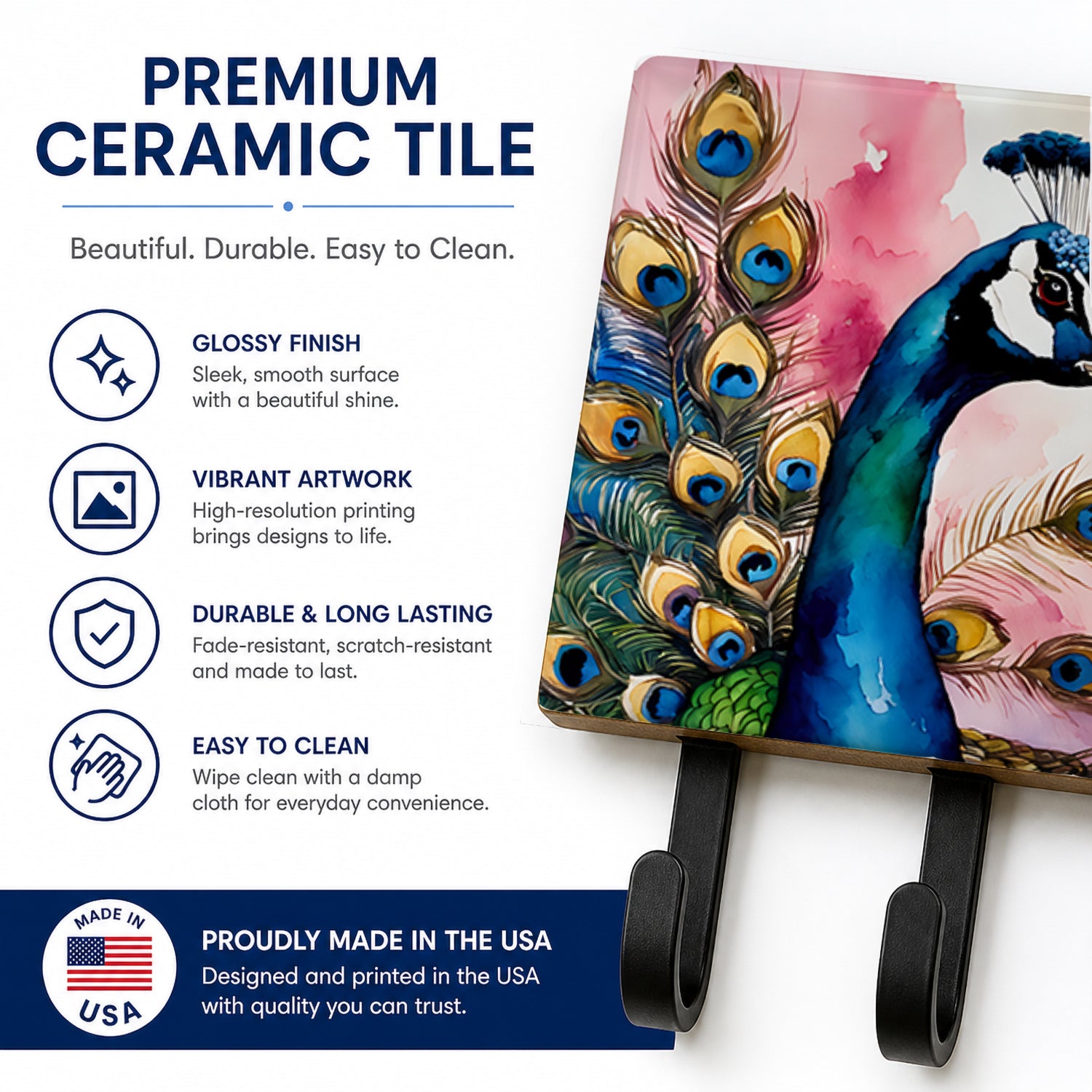 Peacock with Decorative Feathers Leash or Key Holder Wall Hooks, Coat Rack Wall Mount, for Hanging Keys, Towels, Aprons, Leashes