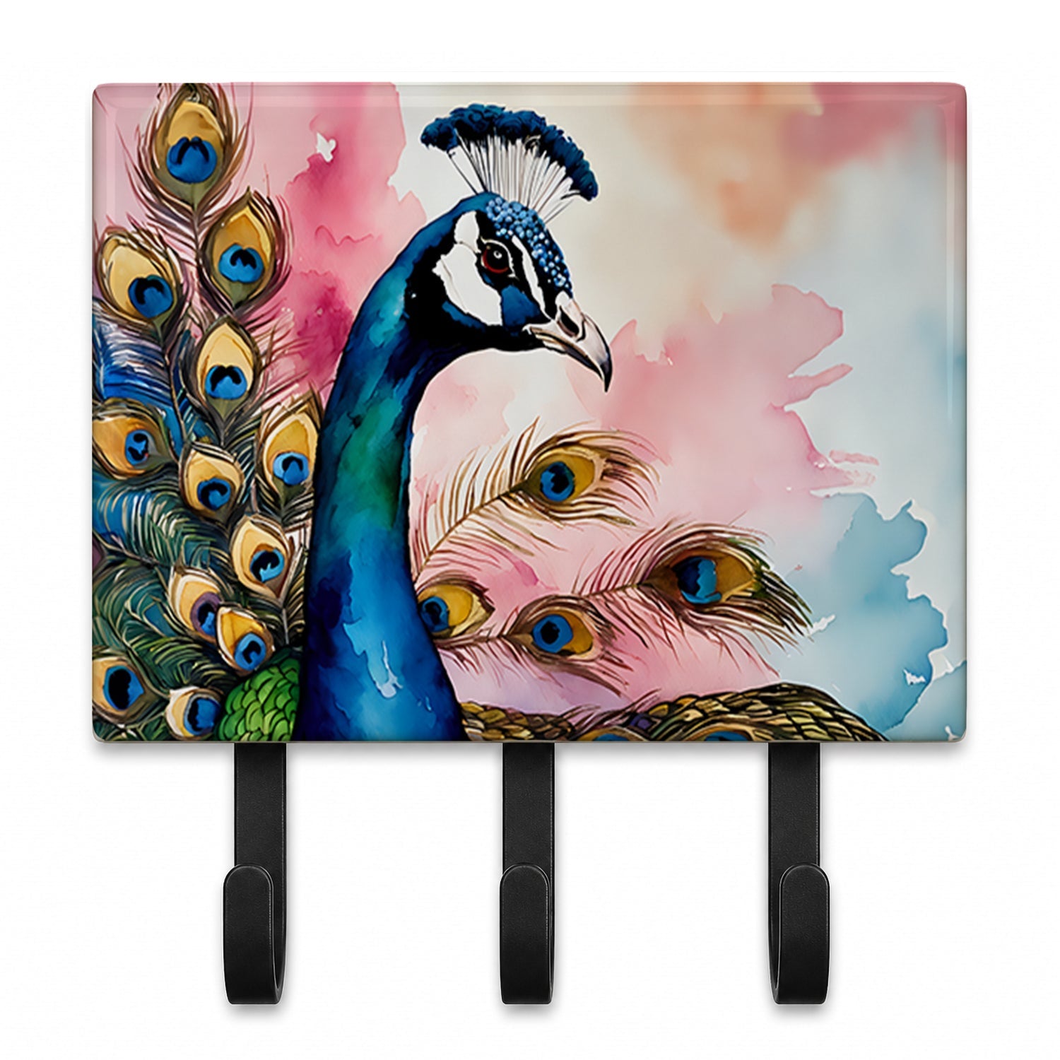 Peacock with Decorative Feathers Leash or Key Holder Wall Hooks, Coat Rack Wall Mount, for Hanging Keys, Towels, Aprons, Leashes