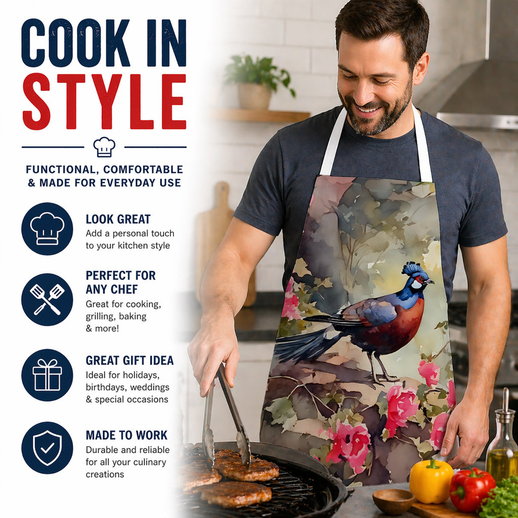 Pheasant Bird in Garden Floral Apron Cooking Kitchen Server Baking Crafts Gardening for Adult Women Men, Unisex, Large, Multicolor
