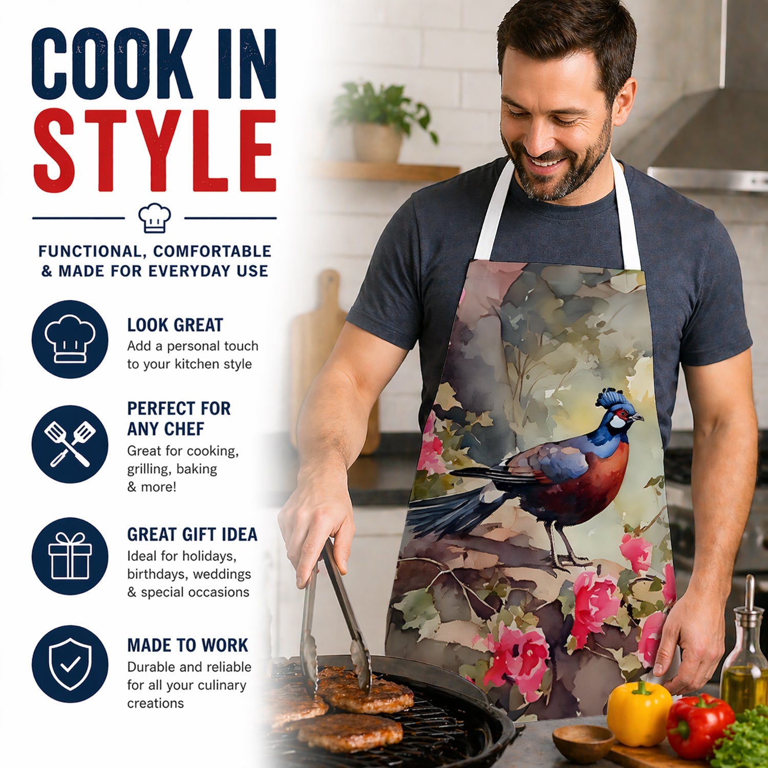 Pheasant Bird in Garden Floral Apron Cooking Kitchen Server Baking Crafts Gardening for Adult Women Men, Unisex, Large, Multicolor