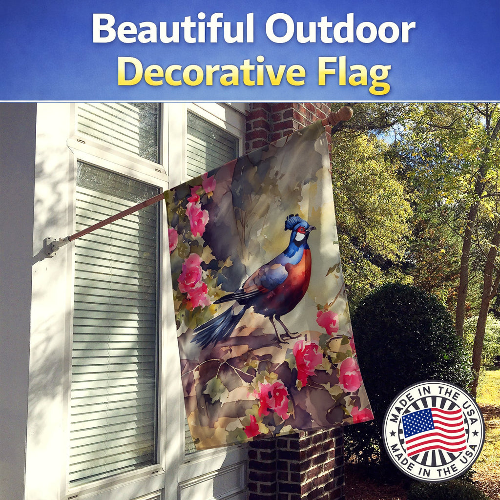 Pheasant Bird in Garden Floral House Flag 28x40 Porch Sleeve Pole Decorative Outside Yard Banner Artwork Wall Hanging, Polyester