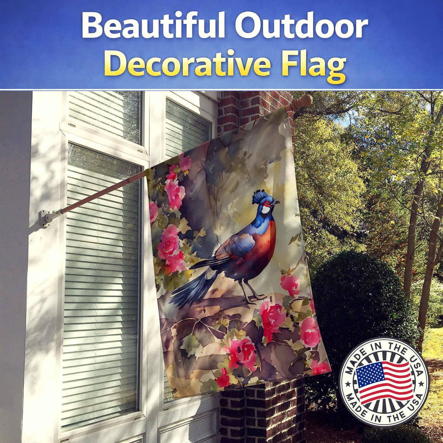 Pheasant Bird in Garden Floral House Flag 28x40 Porch Sleeve Pole Decorative Outside Yard Banner Artwork Wall Hanging, Polyester
