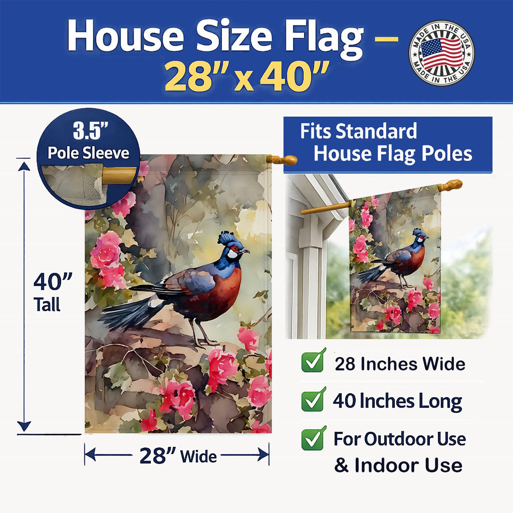 Pheasant Bird in Garden Floral House Flag 28x40 Porch Sleeve Pole Decorative Outside Yard Banner Artwork Wall Hanging, Polyester