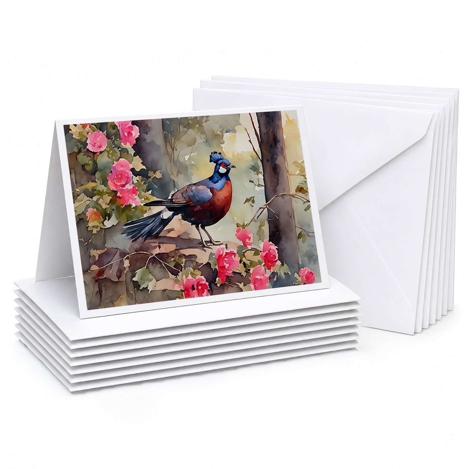 Pheasant Bird in Garden Floral Greeting Cards Pack of 8 Blank Cards with Envelopes Whimsical A7 Size 5x7
