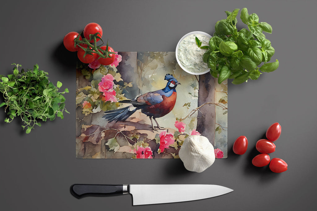 Pheasant Bird in Garden Floral Cutting Board Tempered Glass Kitchen Cutting Surface, Heat Resistant Chopping, Non-Slip Feet, Food Prep & Serving